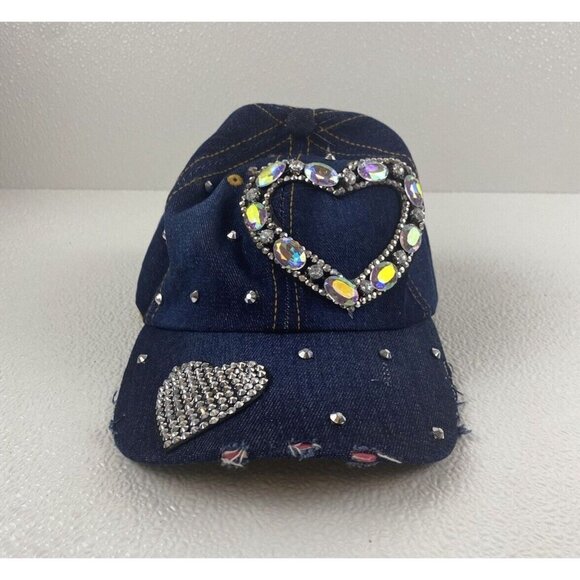 Woman Denim Sparkle Hat Rhinestone Heart Bling Embellished Adjustable Frayed Cap - Picture 12 of 13